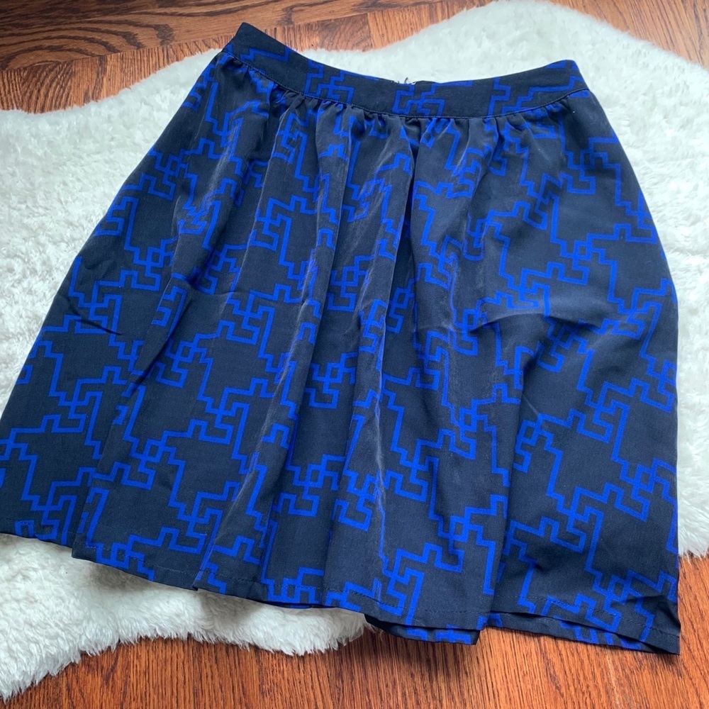 MERONA Blue & Black Patterned Print Full A-Line Skirt Pockets Size XS EUC